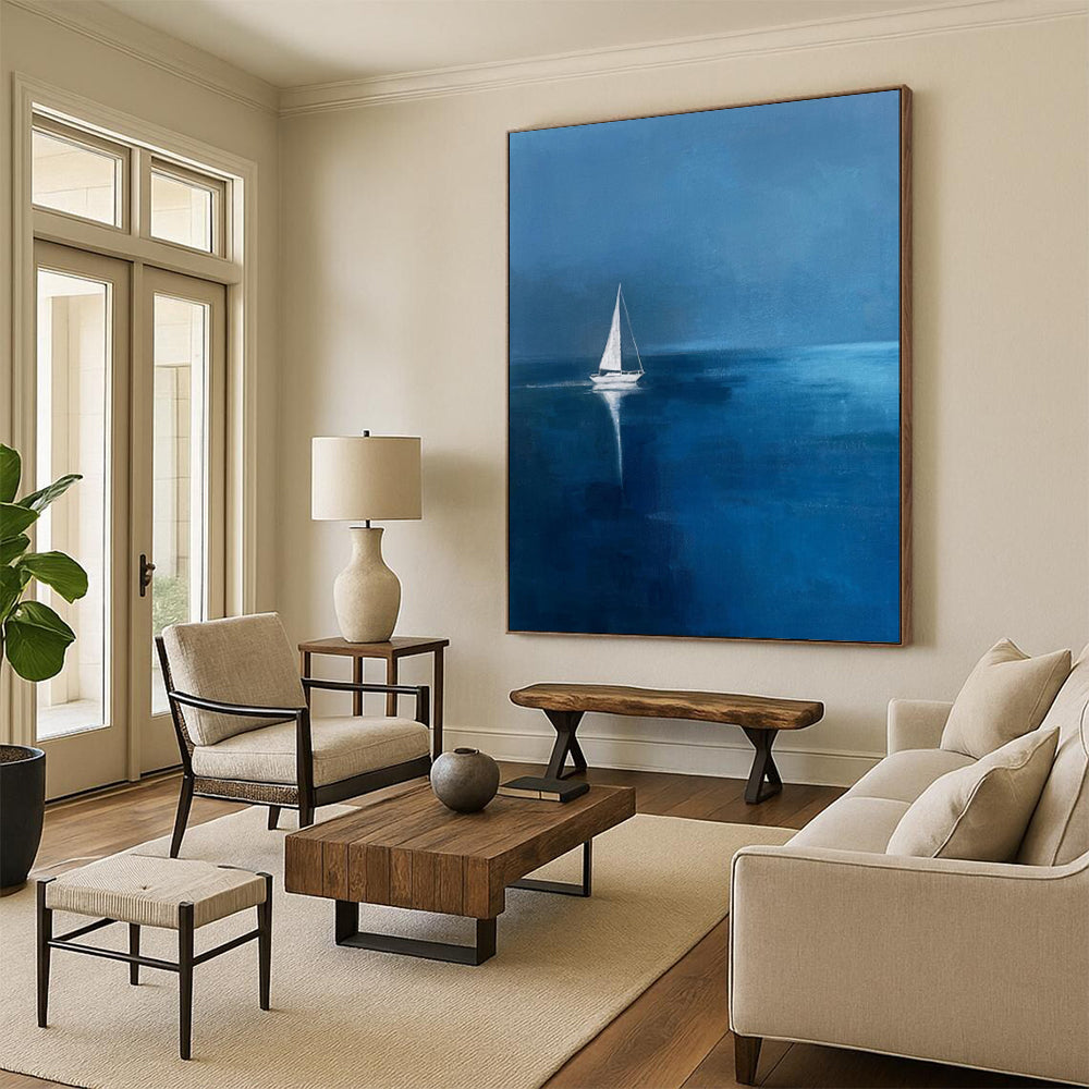 “Midnight Sail: Solitary Boat on Blue” - Minimalist Nautical Oil on Canvas CT1877