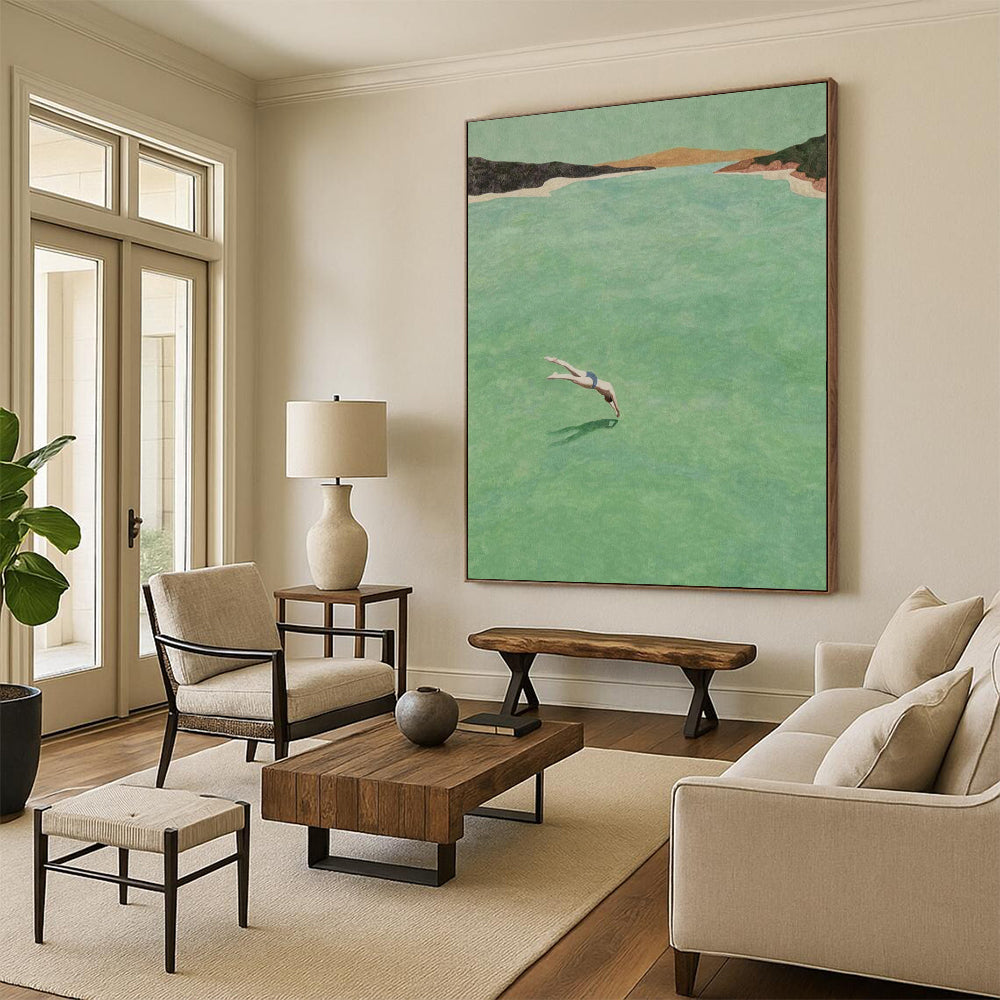 “Diver in Green Water” - Green, Blue, Brown Landscape Painting On Canvas DTP304