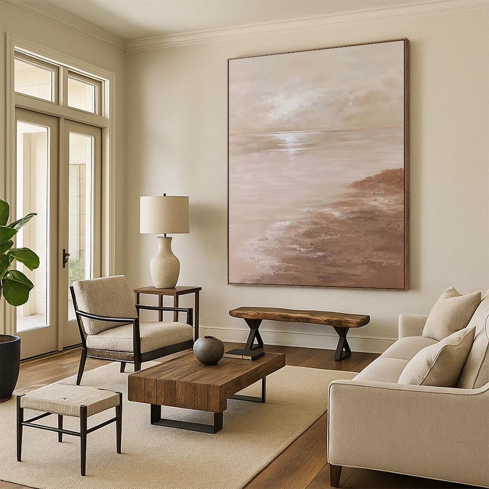 “Beige, Brown Serene Sea ‘Tranquil Horizon’” - Impasto Seaside Painting On Canvas DTP341
