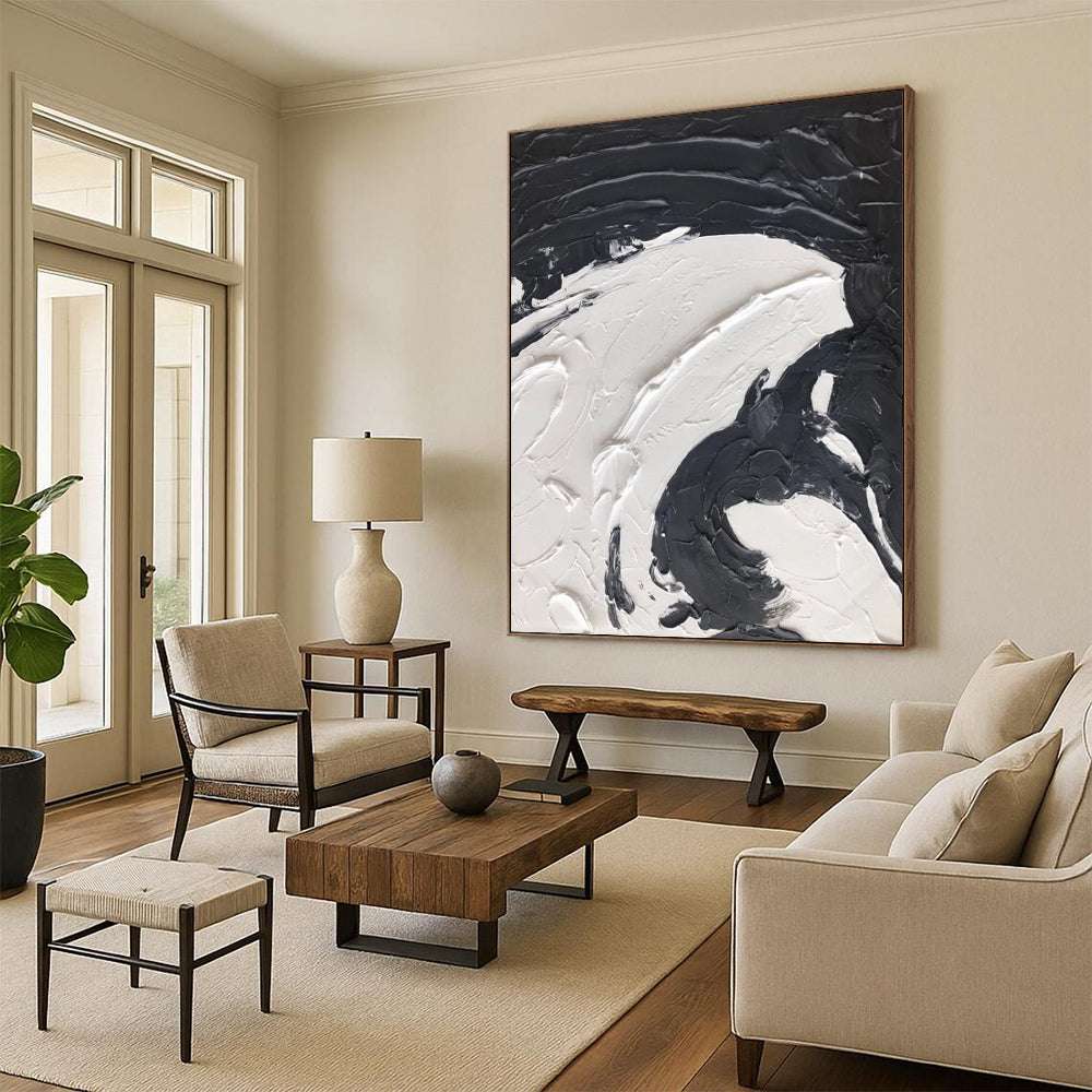 “Black, White Swirl ‘Yin - Yang Motion’” - Abstract Impasto Painting On Canvas DTP393