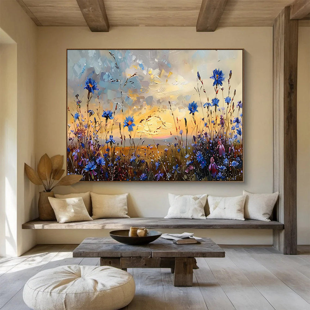 “Dusk Meadow Blues” - Blue, Purple, Orange Floral & Sky Impressionistic Painting On Canvas DKH698