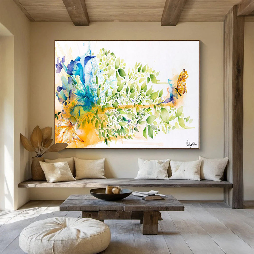 “Vibrant Floral and Butterfly” Watercolor - Style Nature Painting On Canvas DKH537
