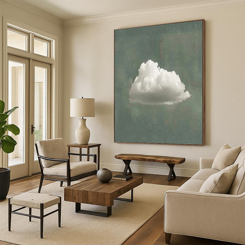 “Single White Cloud on Green” - White & Green Minimalist Painting On Canvas DKH0970