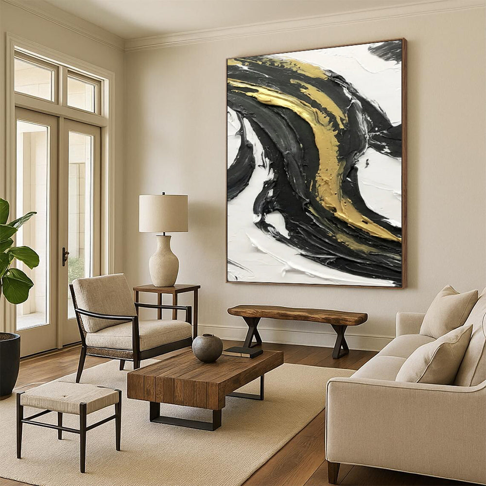 “Black, White, Gold Textured Swirls ‘Luxury Motion’” - Impasto Abstract Painting On Canvas DTP379