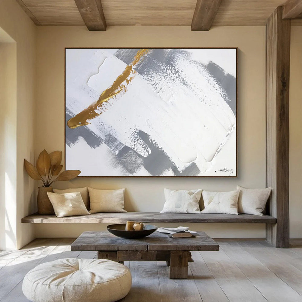 Gold Accent Gray and White Abstract Painting On Canvas DKH317