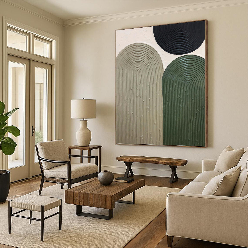 “Earthy Arches” - Black, Beige & Green Textured Curves Painting On Canvas DKH1166