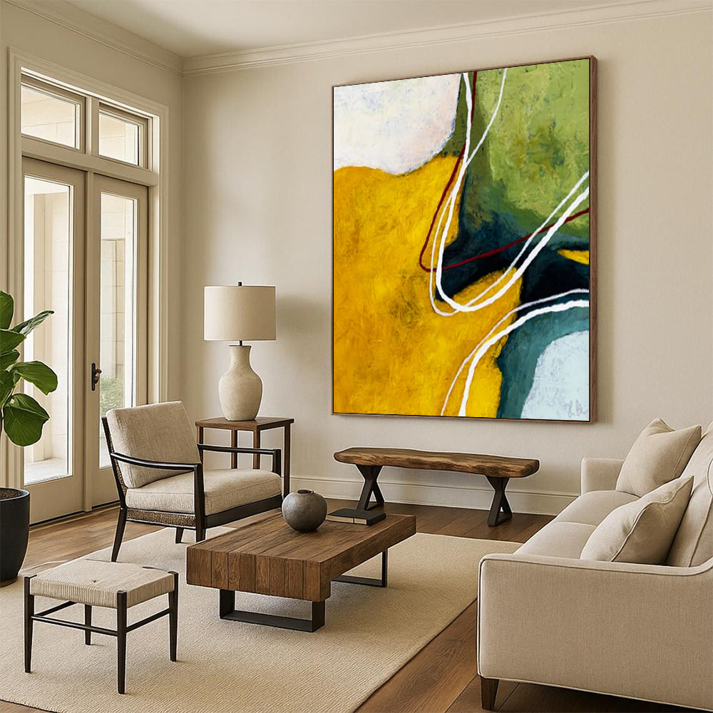 “Vibrant Color Block Abstract - Yellows, Greens, and Flowing Lines” Painting On Canvas CT2386