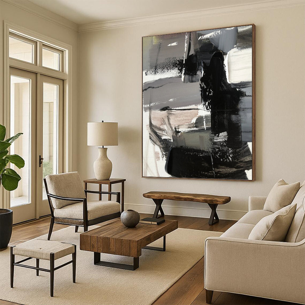 Gray & Black Abstract Forms - Abstract Composition Painting On Canvas DKH1263