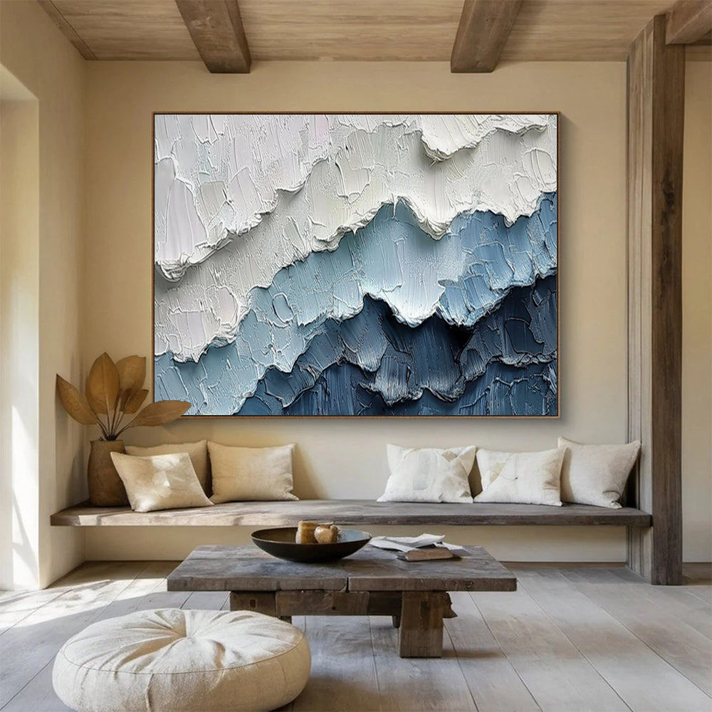 3D Textured Mountain Ranges - Blue and White Impasto Layers Painting On Canvas DKH049