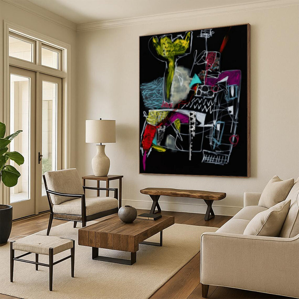 “Dark Abstract Sketch” - Neon, White, Black Expressive Drawing Painting On Canvas DTP294
