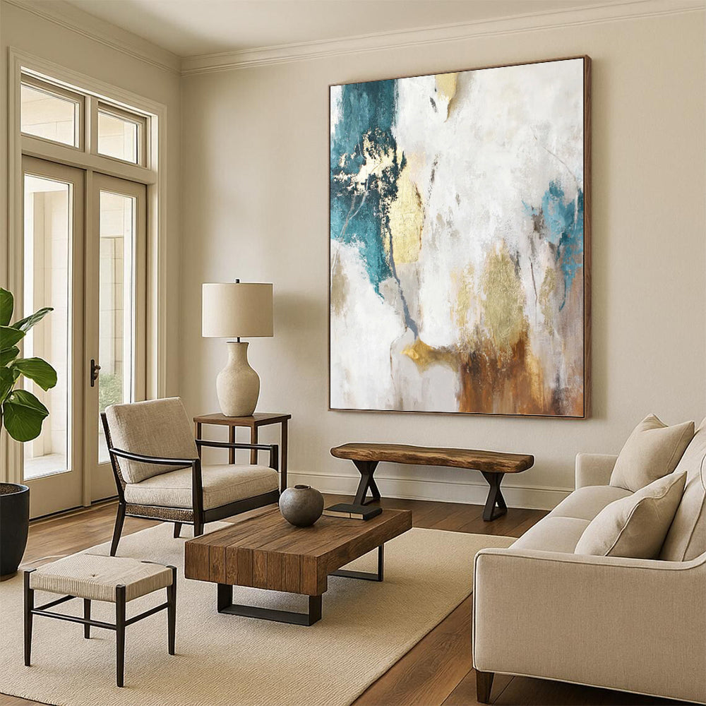 “Turquoise, Gold & White Abstract” - Turquoise, Gold & White Tropical - Inspired Painting On Canvas DKH1014