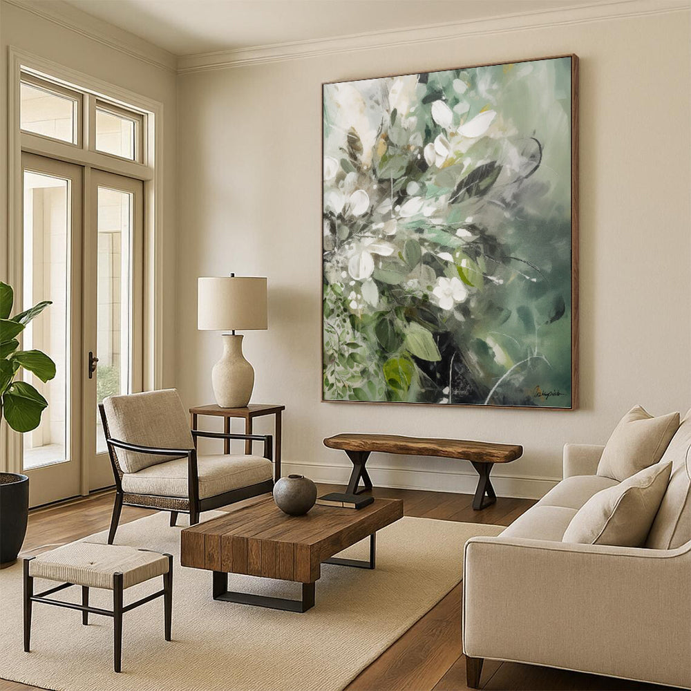 “Green - Toned Floral Abstraction” - Soft Flower Bouquet Painting On Canvas DKH1086