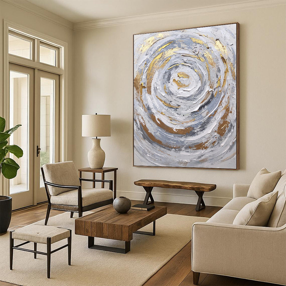 Silver - Gray and Gold Swirl - Abstract Impasto Painting On Canvas DKH1286