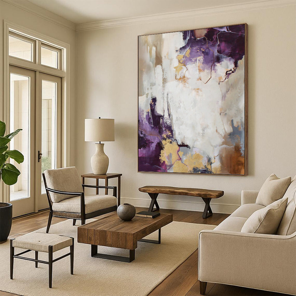 “Purple, Gold & White Abstract” - Purple, Gold & White Opulent Painting On Canvas DKH1009