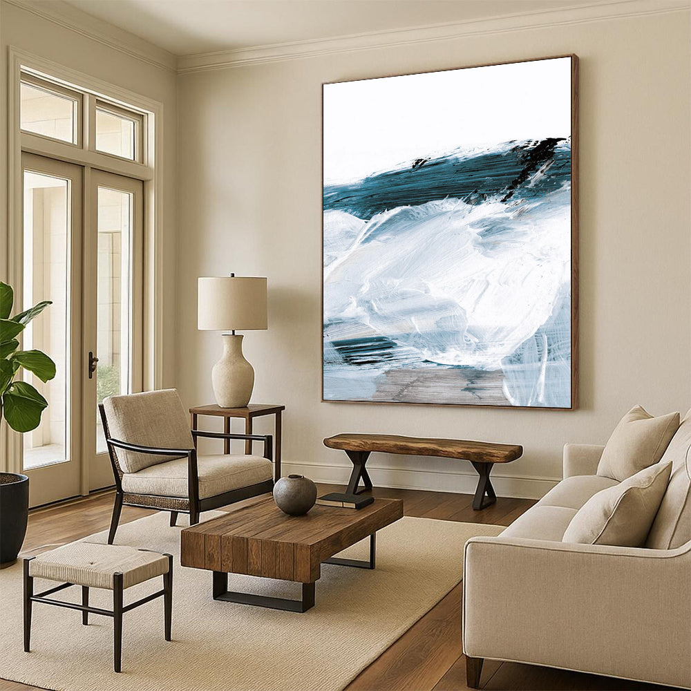“Coastal Blue & White Swirls” - Blue, White, Gray Abstract Painting On Canvas DTP219