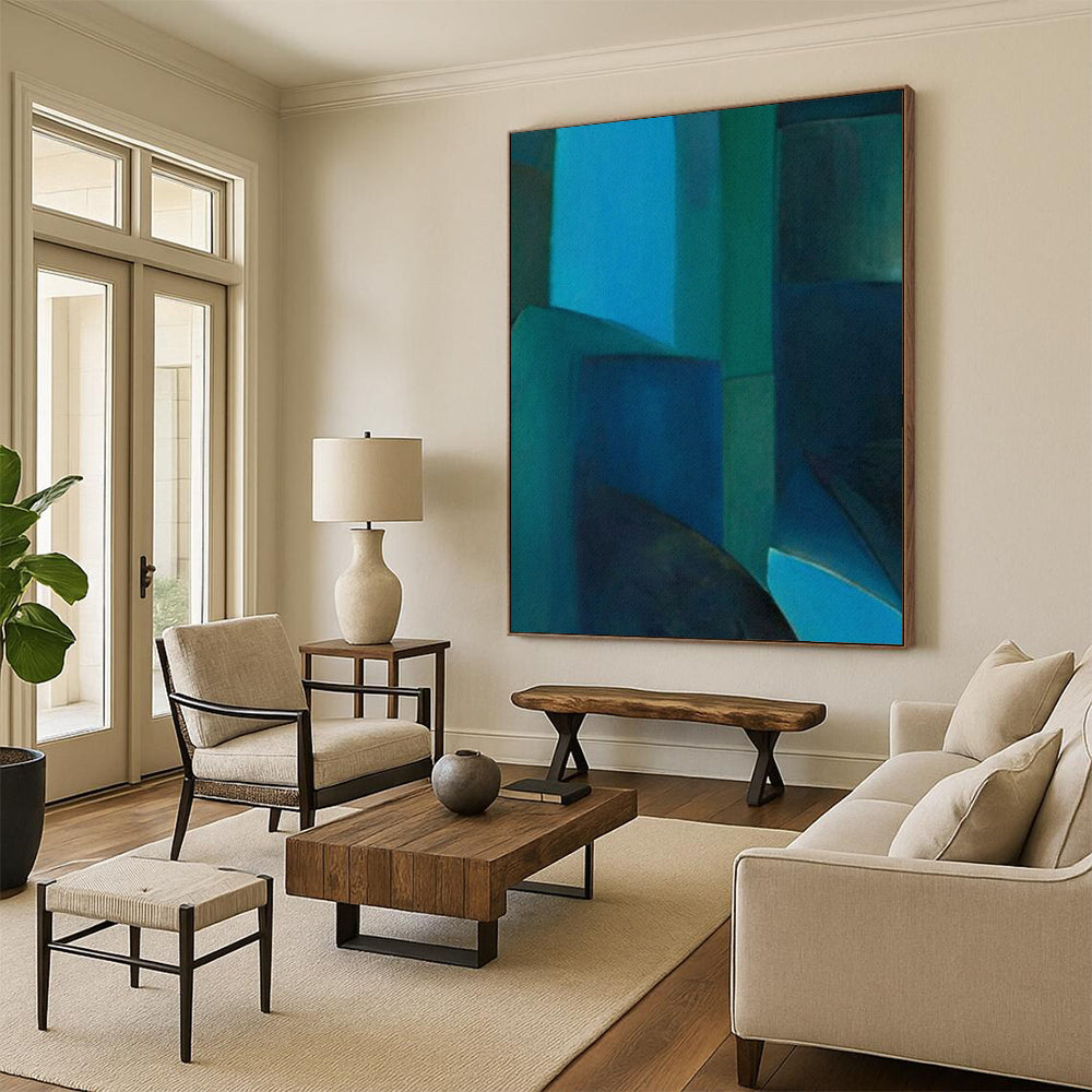 Blue & Green Geometric Abstraction - Cubist - Style Painting On Canvas CT2255