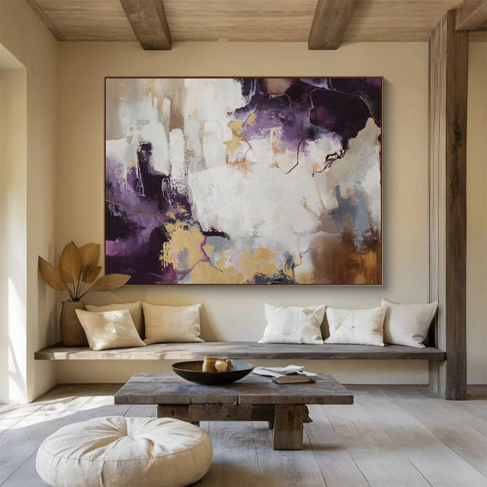 Purple, White, and Gold Abstract “Regal Ethereal Abstraction” Painting On Canvas DKH131