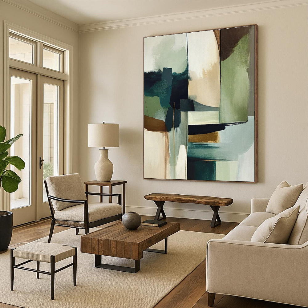 Muted Green, Blue & Brown Shapes, “Nature’s Balance” - Abstract Geometric Acrylic Painting CT0757