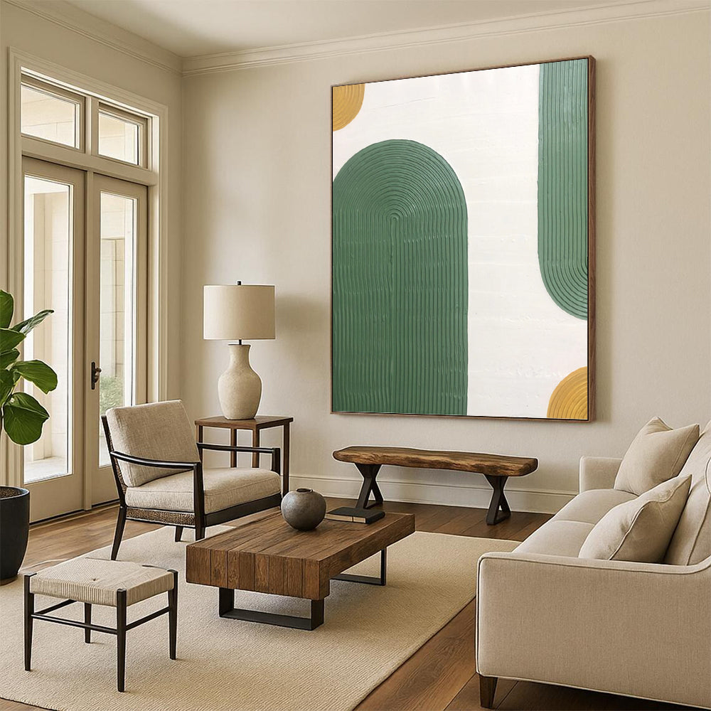 “Green Ribbon Arches” - Green, Yellow & White Textured Curves Painting On Canvas DKH1170