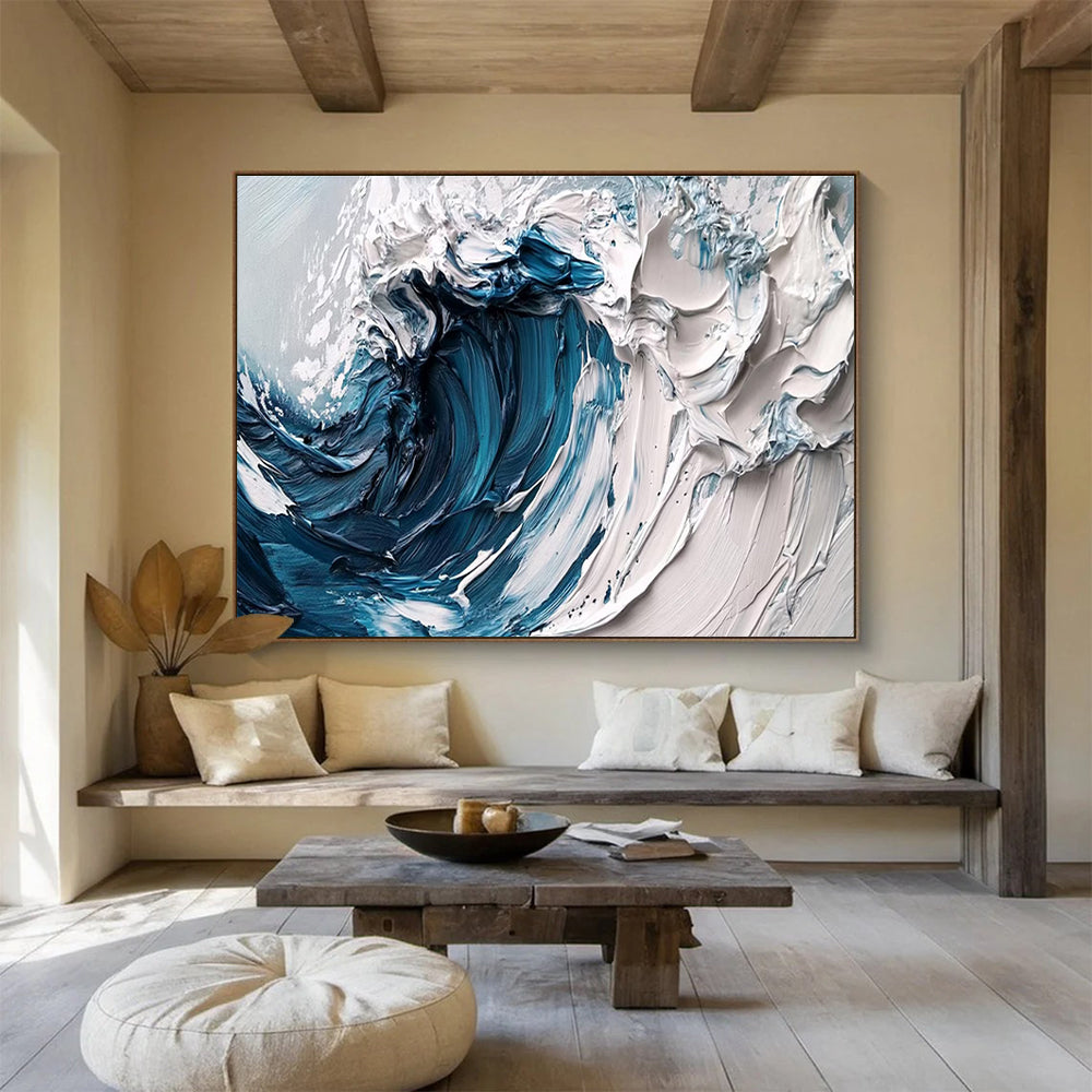 Crashing Wave - Deep Blue & White Impasto Seascape Painting On Canvas DKH873