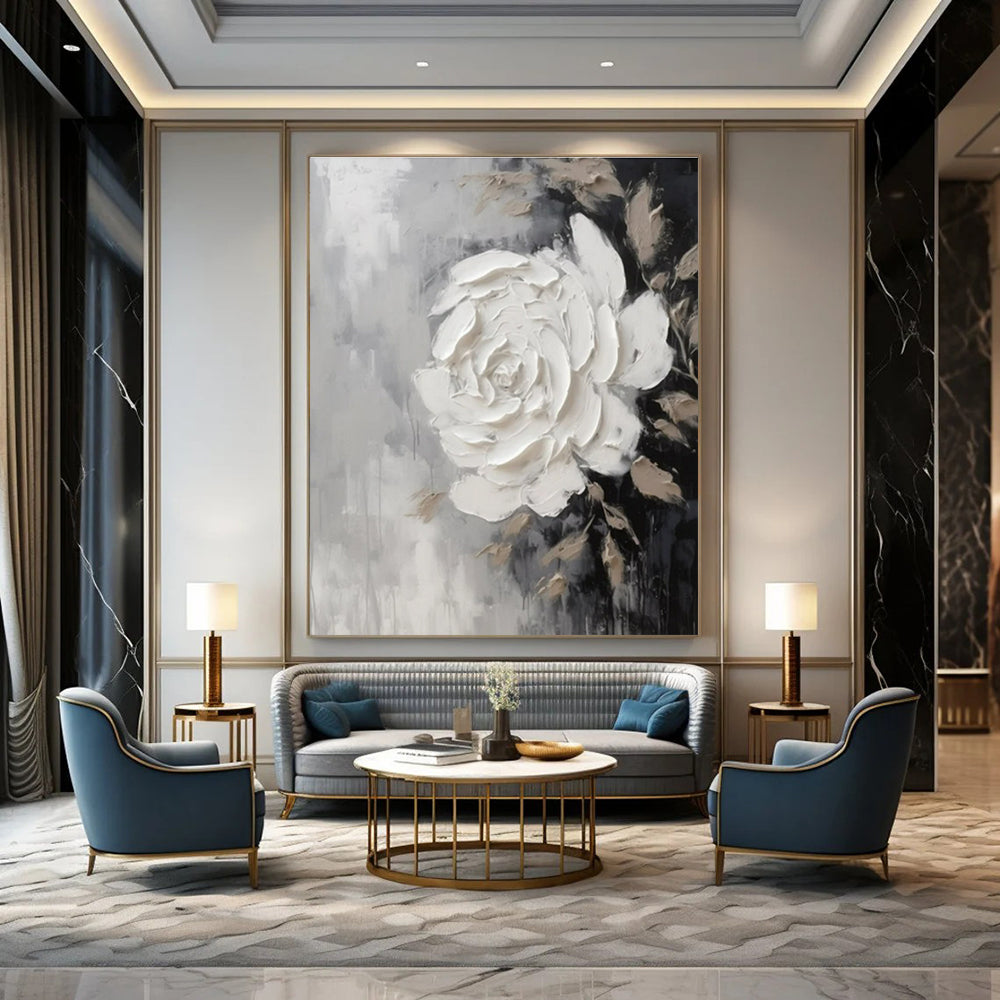 Grey, Black & Beige with Textured White Rose - "Elegant Bloom" - Impasto Floral Painting CT1466