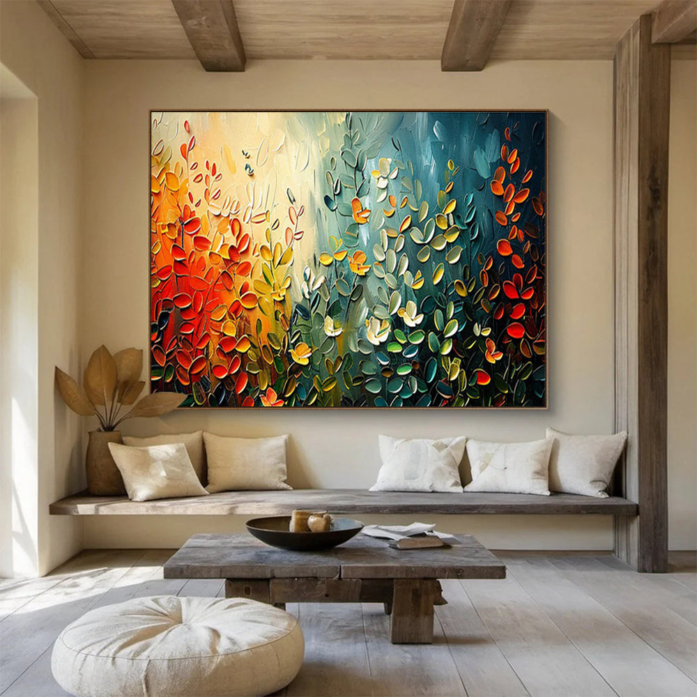 “Textured Foliage Symphony” - Multicolor, 3D - like Leaf Impasto Painting On Canvas DKH711