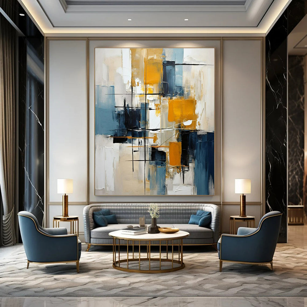 Bold Yellows, Blues & Neutrals, Dynamic Lines - "Urban Energy" - Abstract Oil Painting CT1452