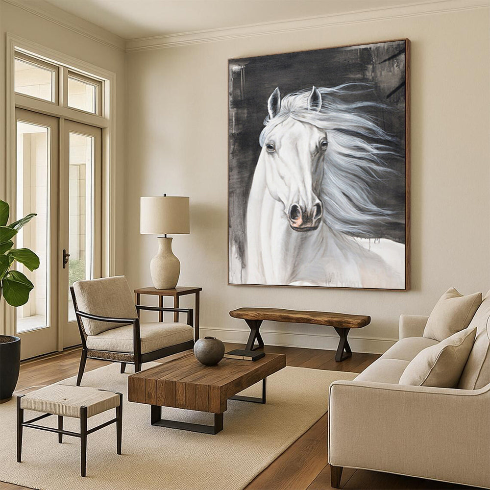 “Majestic Steed” - White Horse with Gray Background Realistic Painting On Canvas DKH1529
