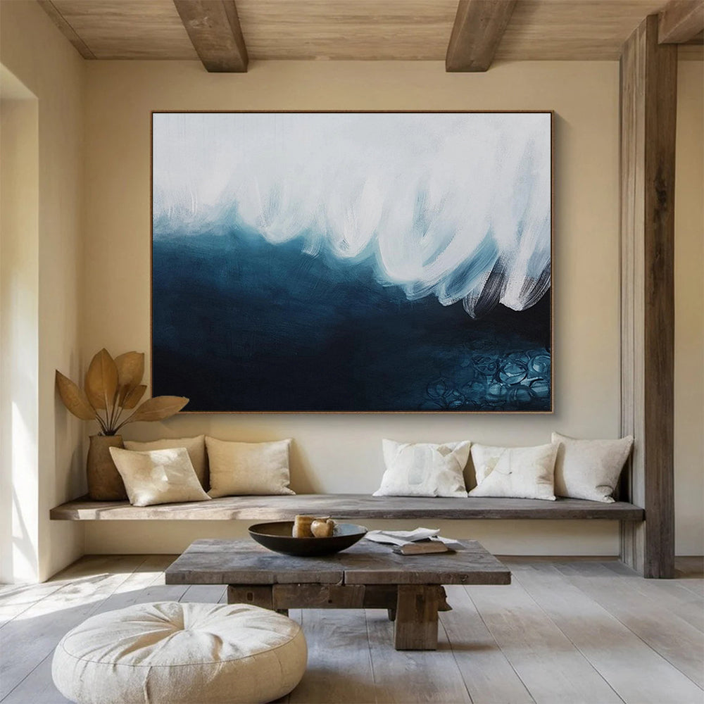 Monochromatic Abstract Wave - Shades of Blue and White Painting On Canvas DKH039