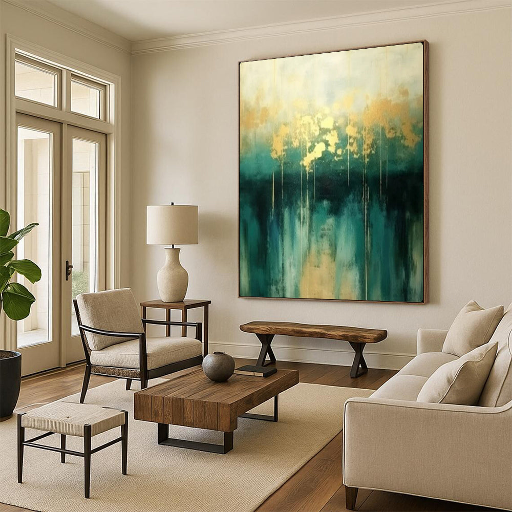 “Teal and Gold Abstract Art” – Minimalist Oil Painting On Canvas CT2168