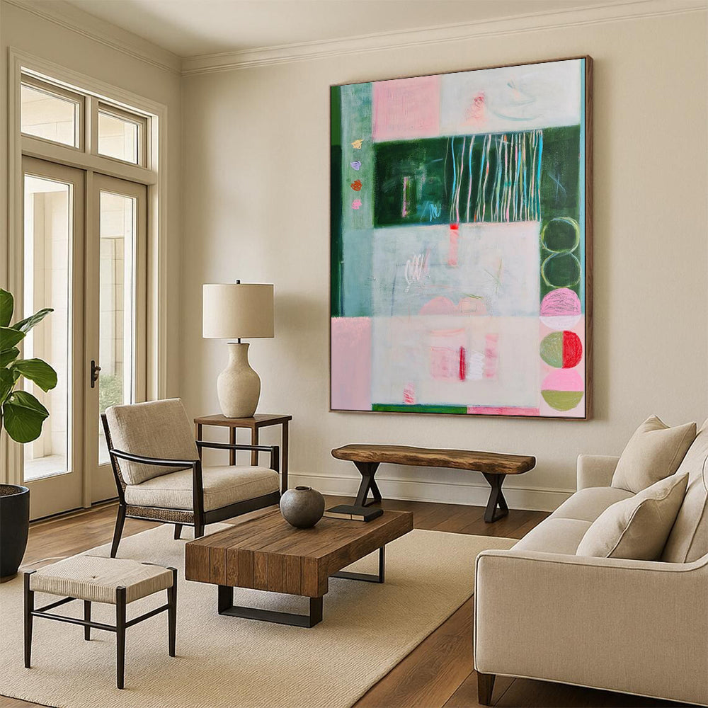 Pink, Green, Geometric Forms - "Soft Structure" - Abstract Geometric Painting CT1852