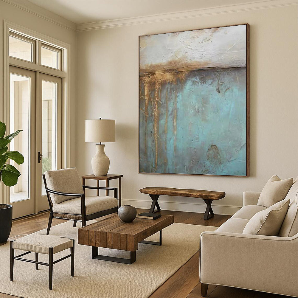 “Rustic Blue & Brown Textures” - Teal, Brown & Gray Abstract Textured Painting On Canvas DKH1191