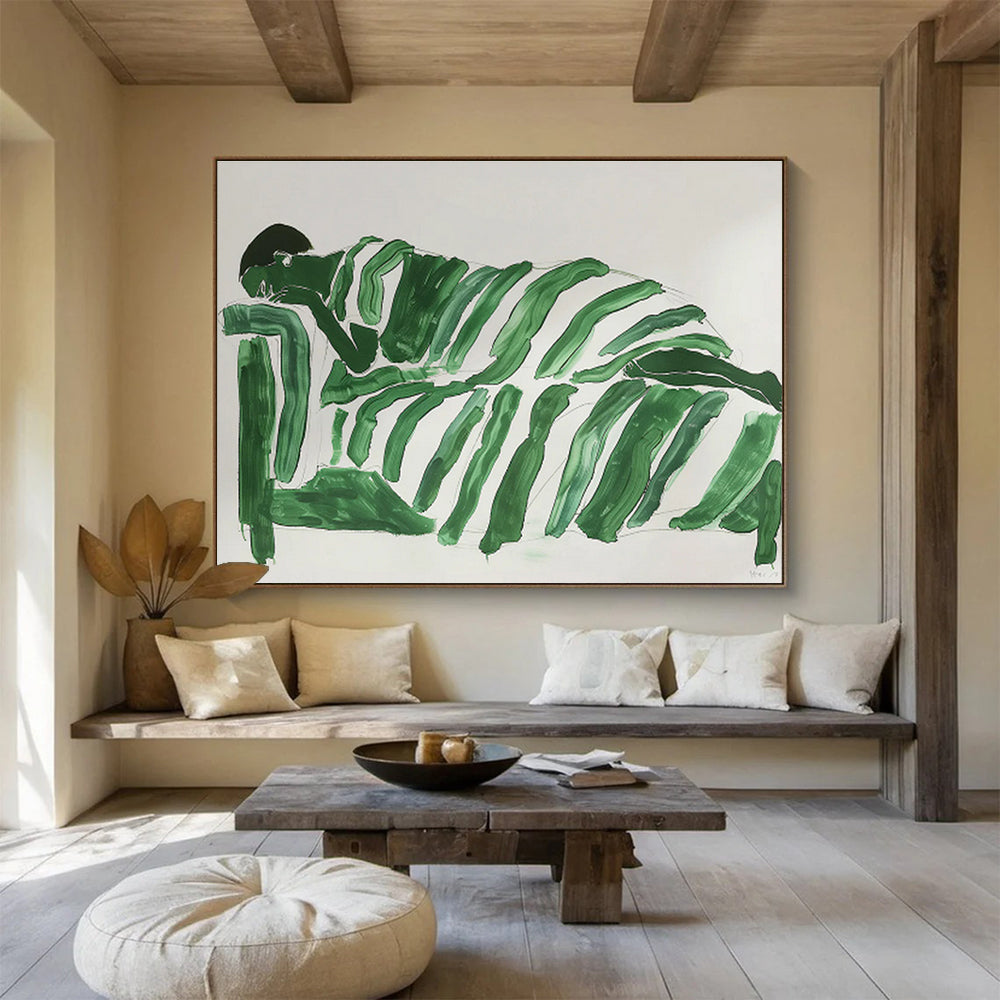 Green - Clad Figure on Sofa Minimalist Painting On Canvas DKH227