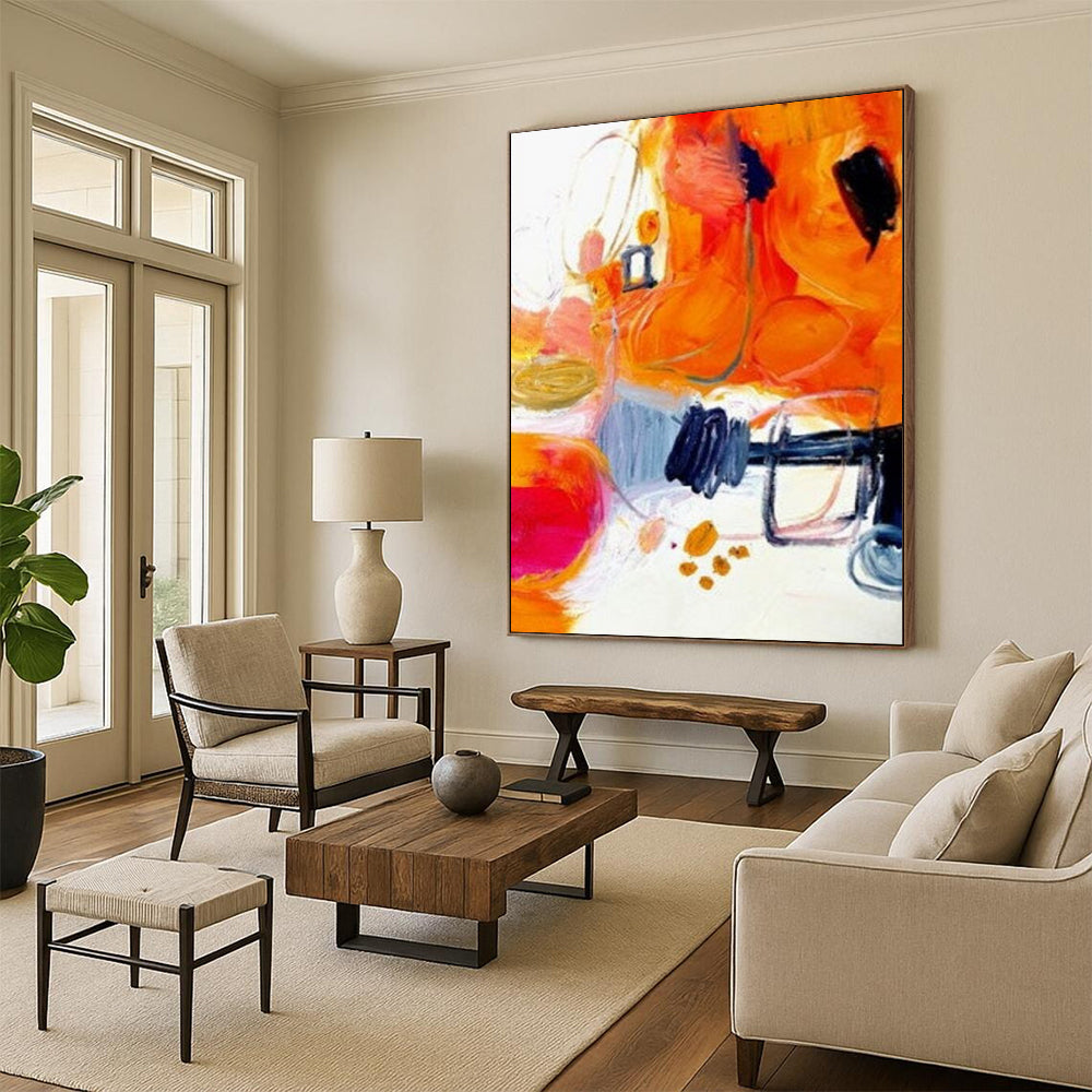 “Orange - Abstract Energy” - Orange, Pink, Blue Dynamic Shapes Painting On Canvas DTP272