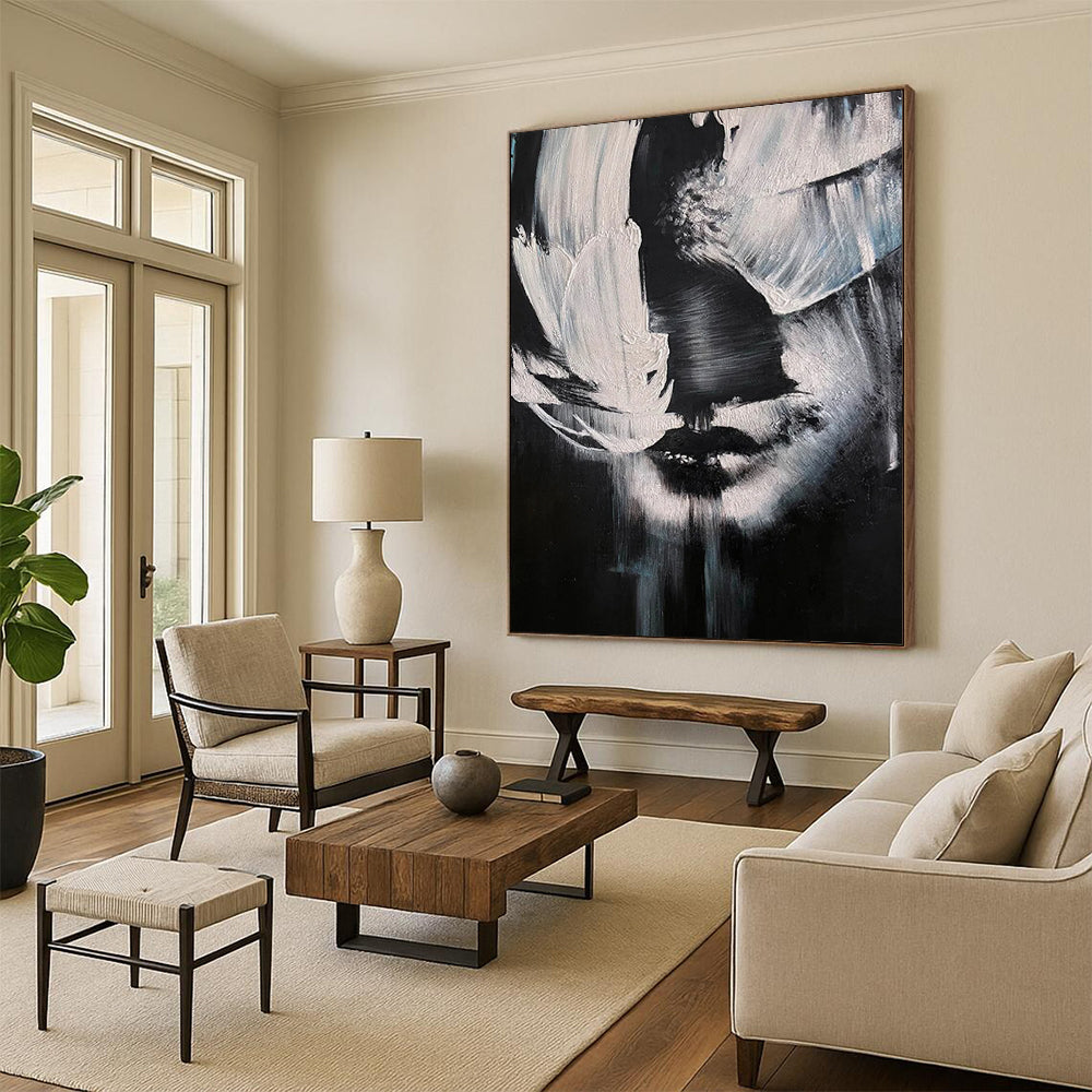 “Black, White Abstract Face ‘Mystery in Monochrome’” - Textured Figurative Painting On Canvas DTP331