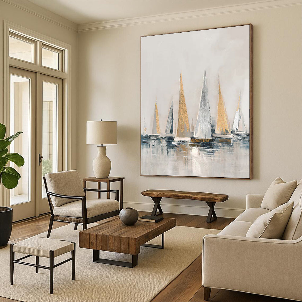 Gold and Silver Sailboats on Gray Water - Nautical Painting On Canvas DKH1416