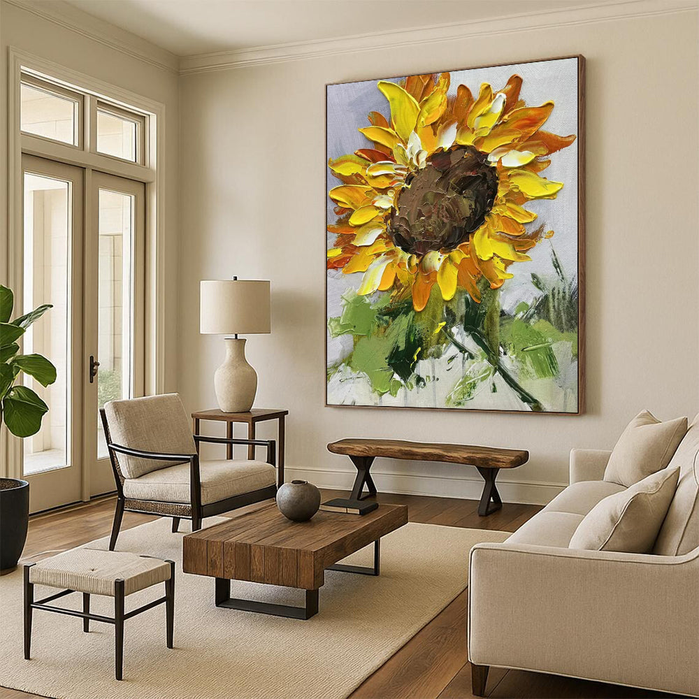 “Textured Sunflower” - Yellow, Orange & Brown Sunflower Painting On Canvas CT2199