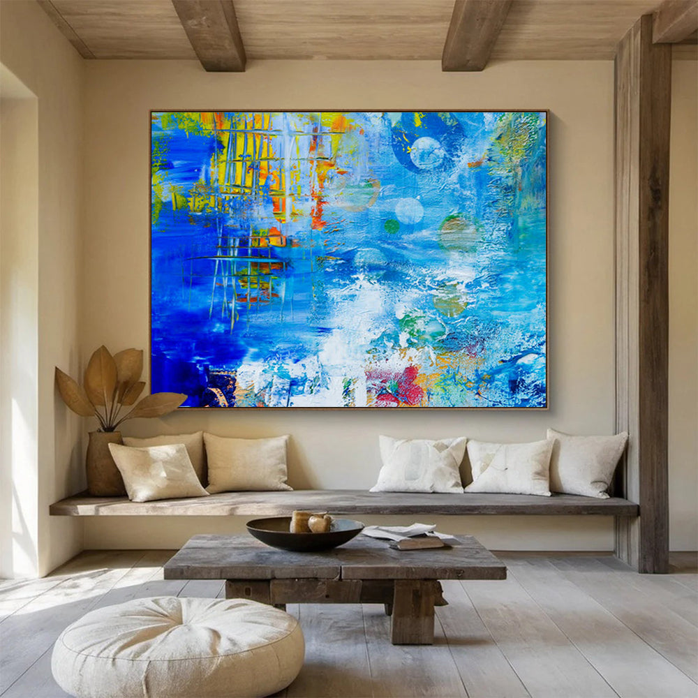 “Blue Abstract with Colorful Elements” Abstract Expressionist Painting On Canvas DKH439