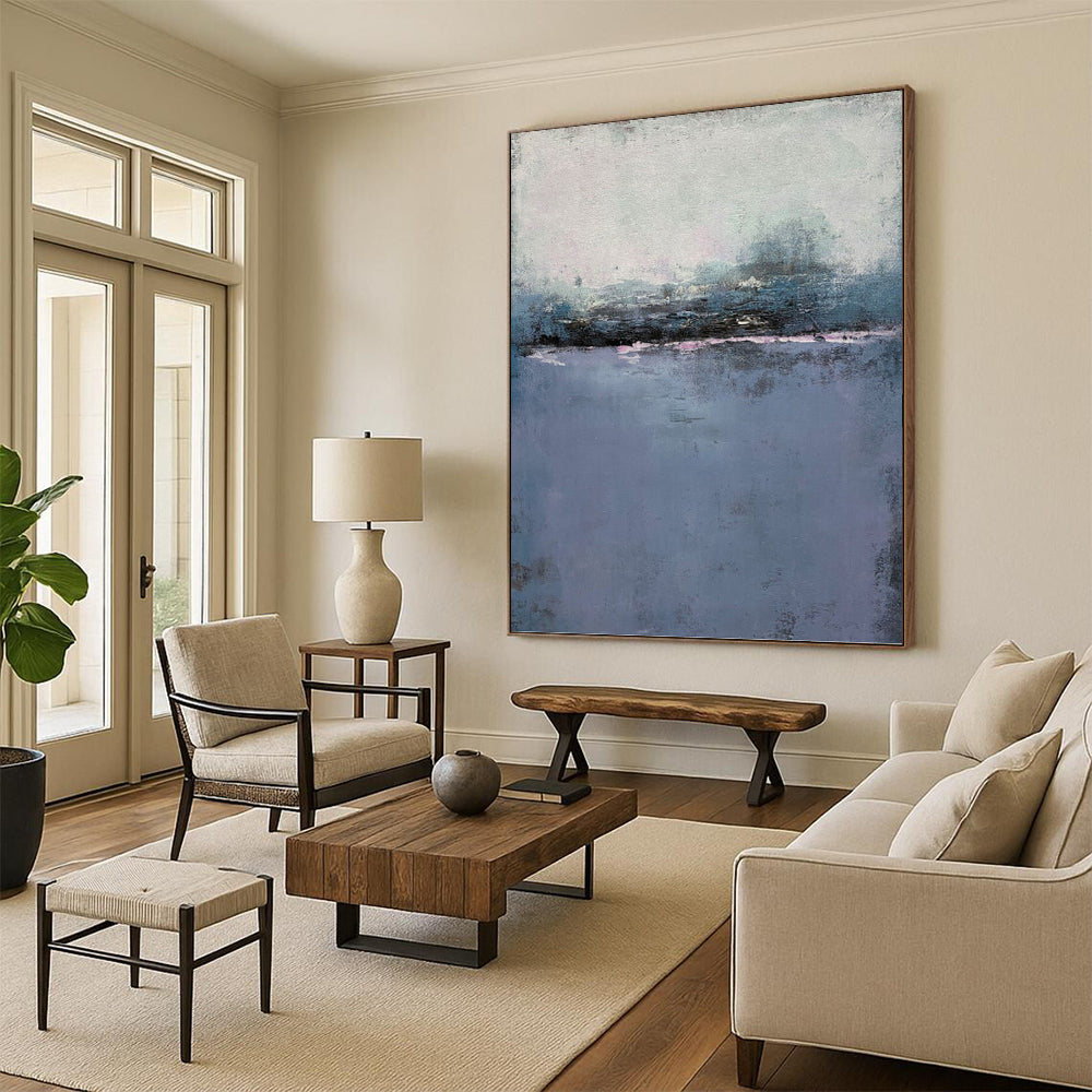 “Misty Purple & Gray Landscape” - Purple, Gray & Blue Abstract Landscape Painting On Canvas DKH1224