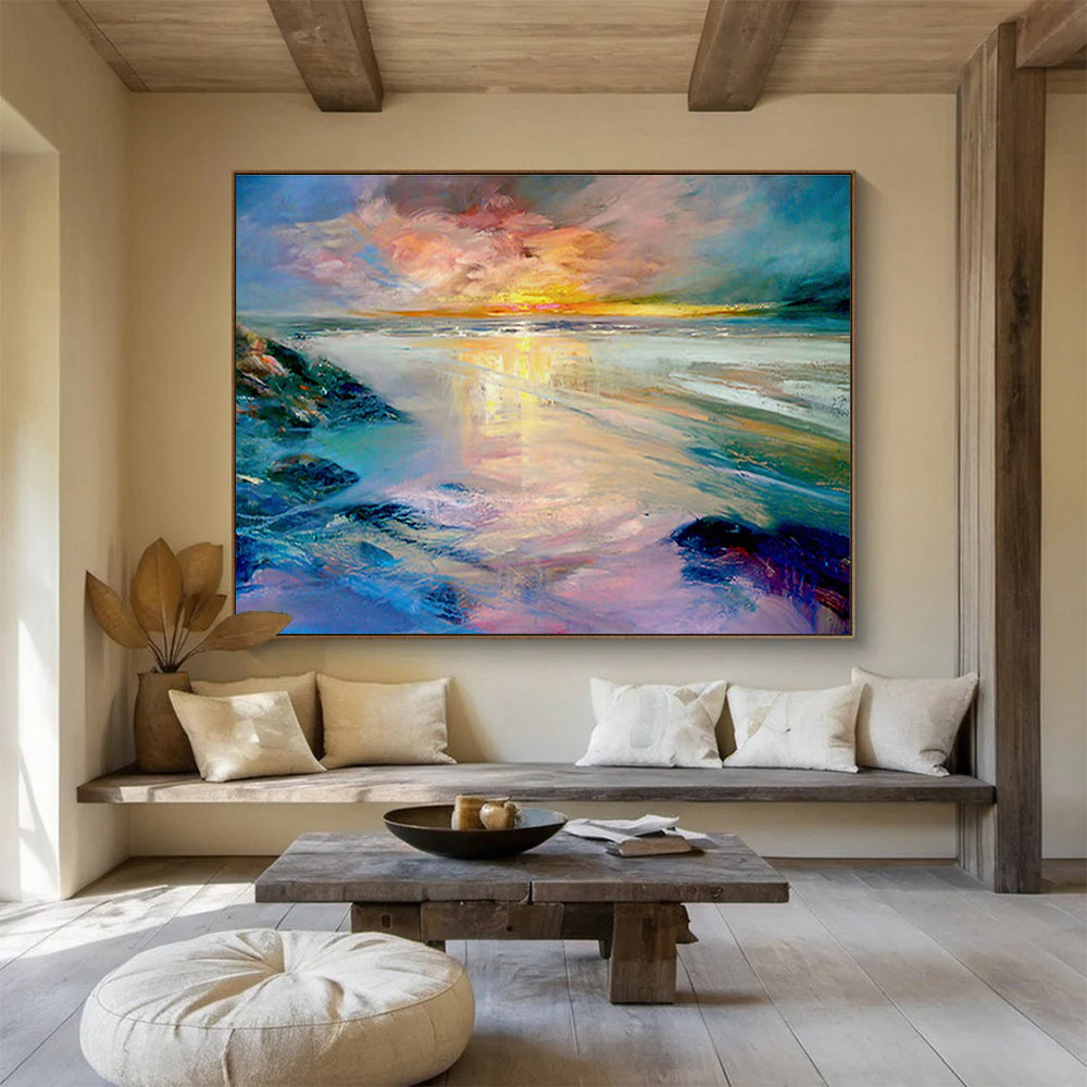 Colorful Sunset Beach Scene Impressionistic Painting On Canvas DKH213