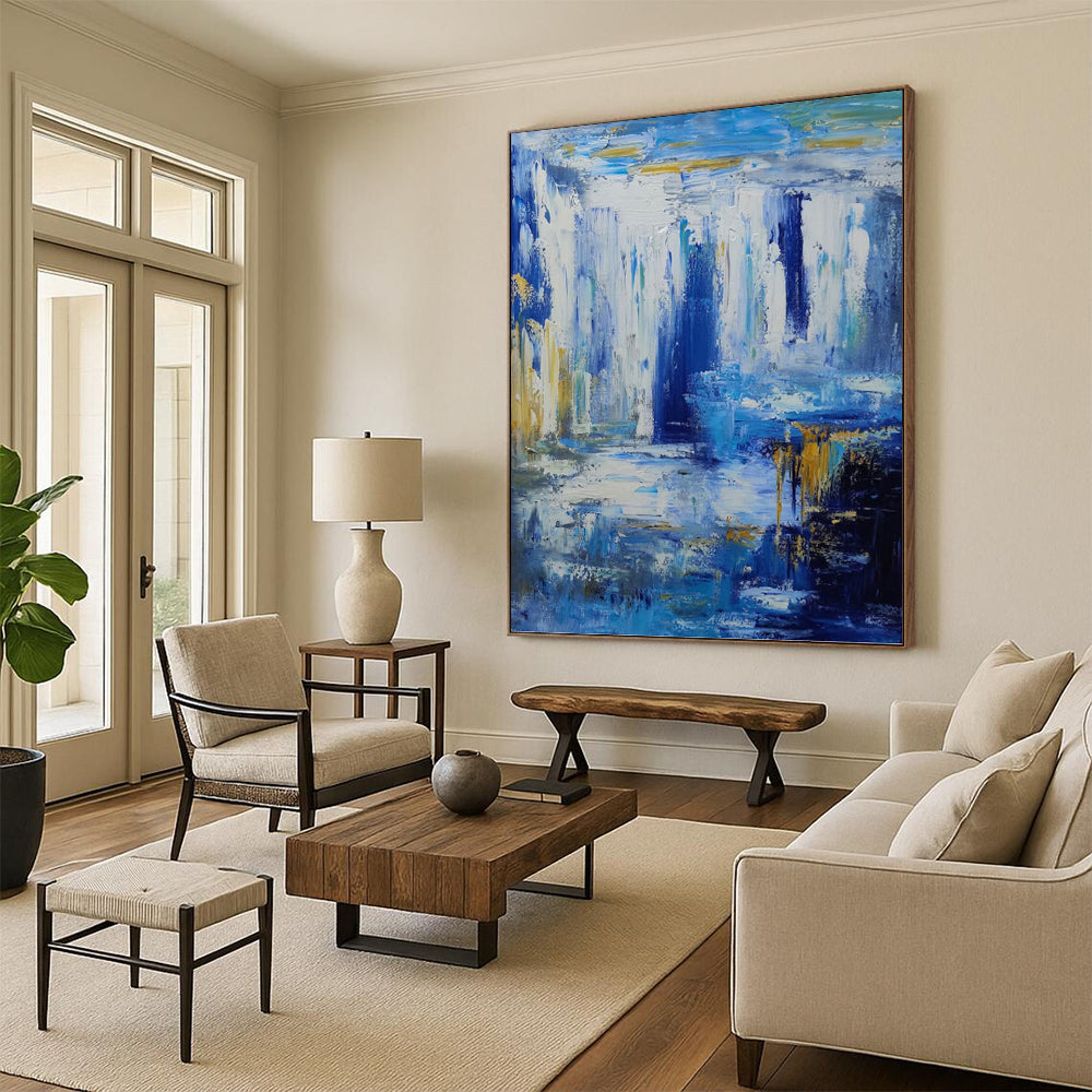 Blue and Gold Abstract Waterfall - Abstract Landscape Painting On Canvas DKH1332