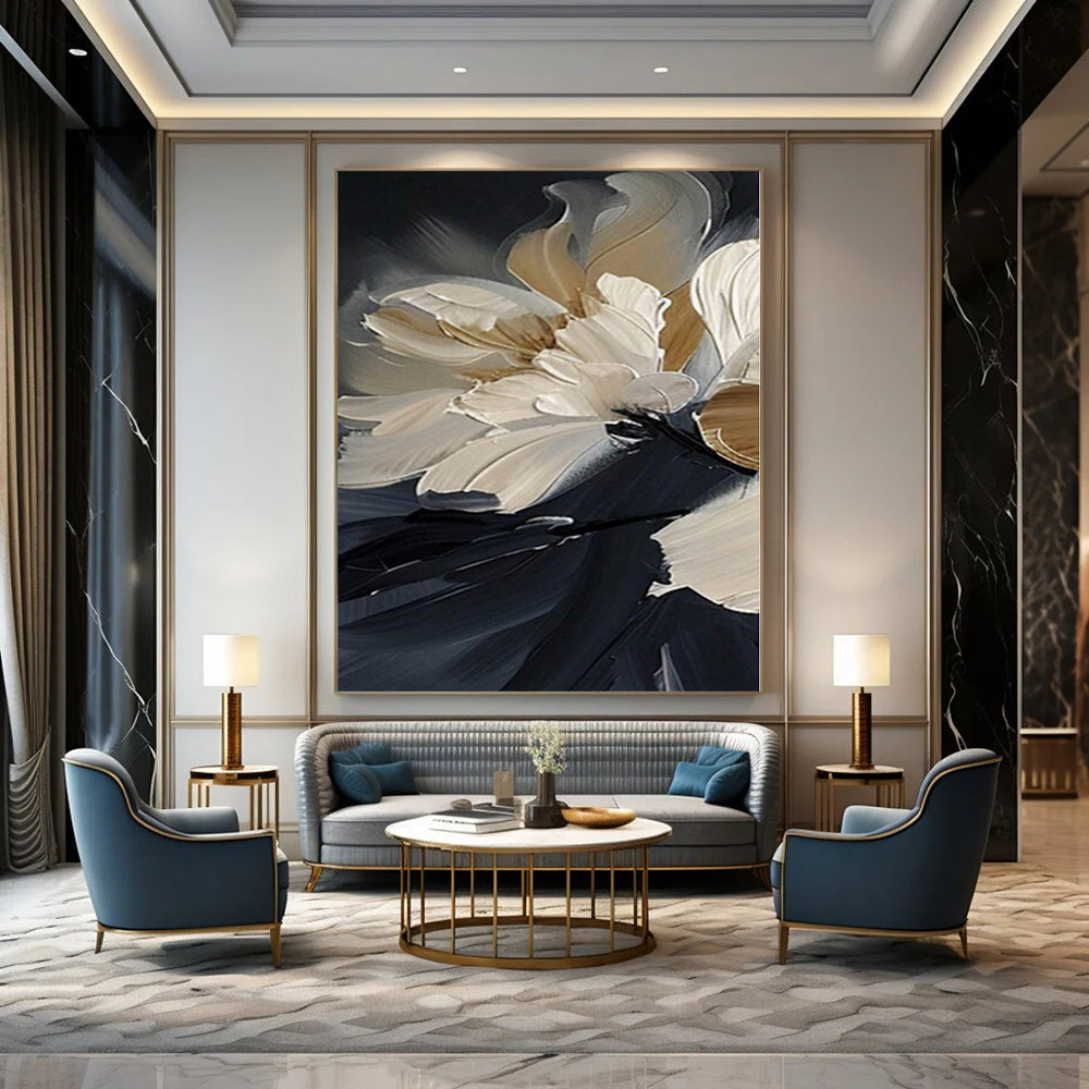 “Textured Beige - White Floral on Black” – Impasto Floral Painting CT1091