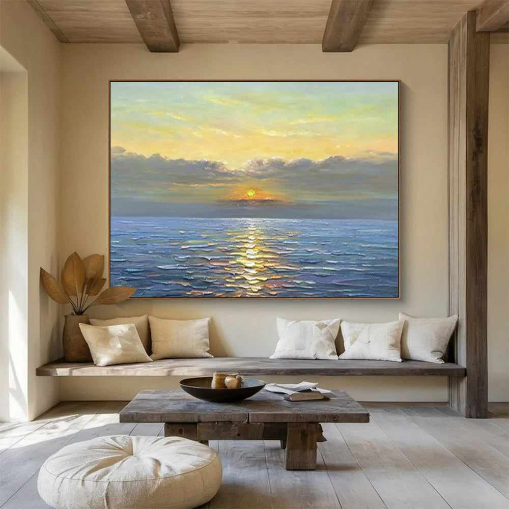 Sunset Over Ocean - Warm Yellow, Orange & Blue Seascape Painting On Canvas DKH883