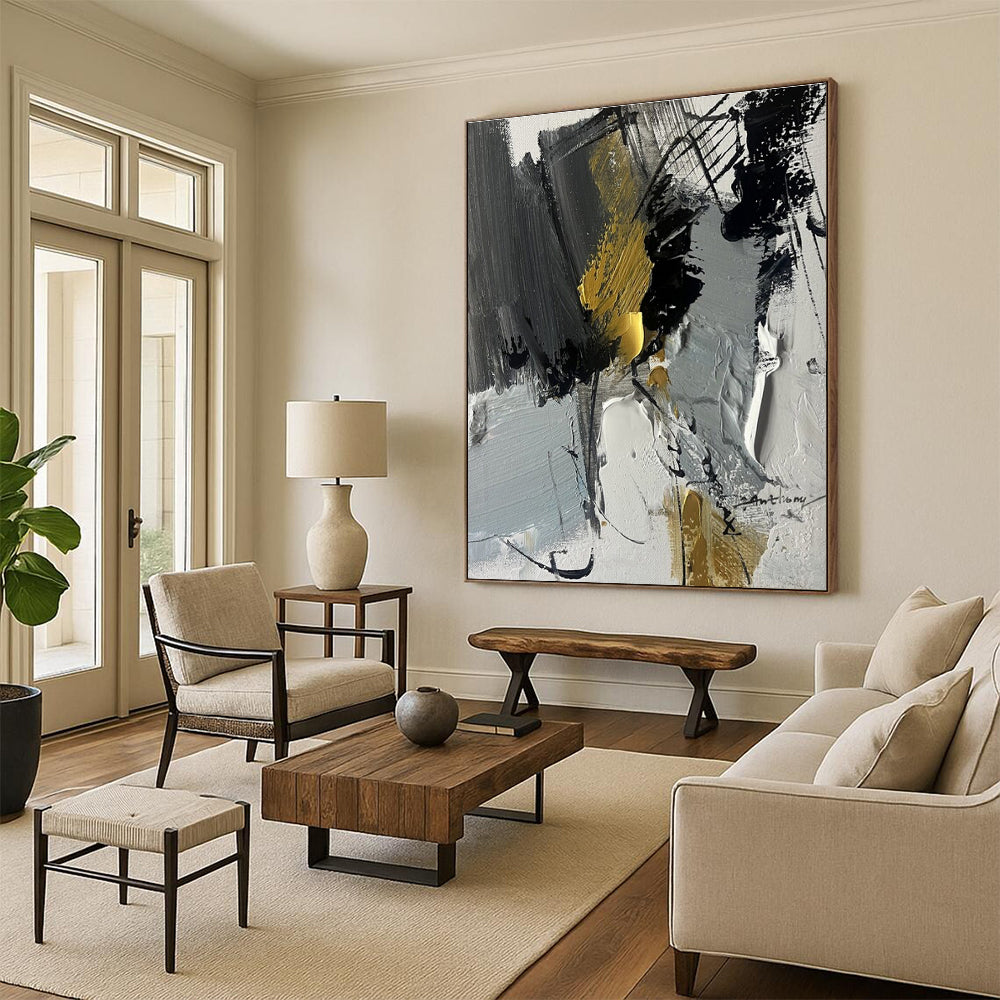 “Gray - Black - Gold Abstract Fusion” ,Abstract Acrylic Painting CT0792