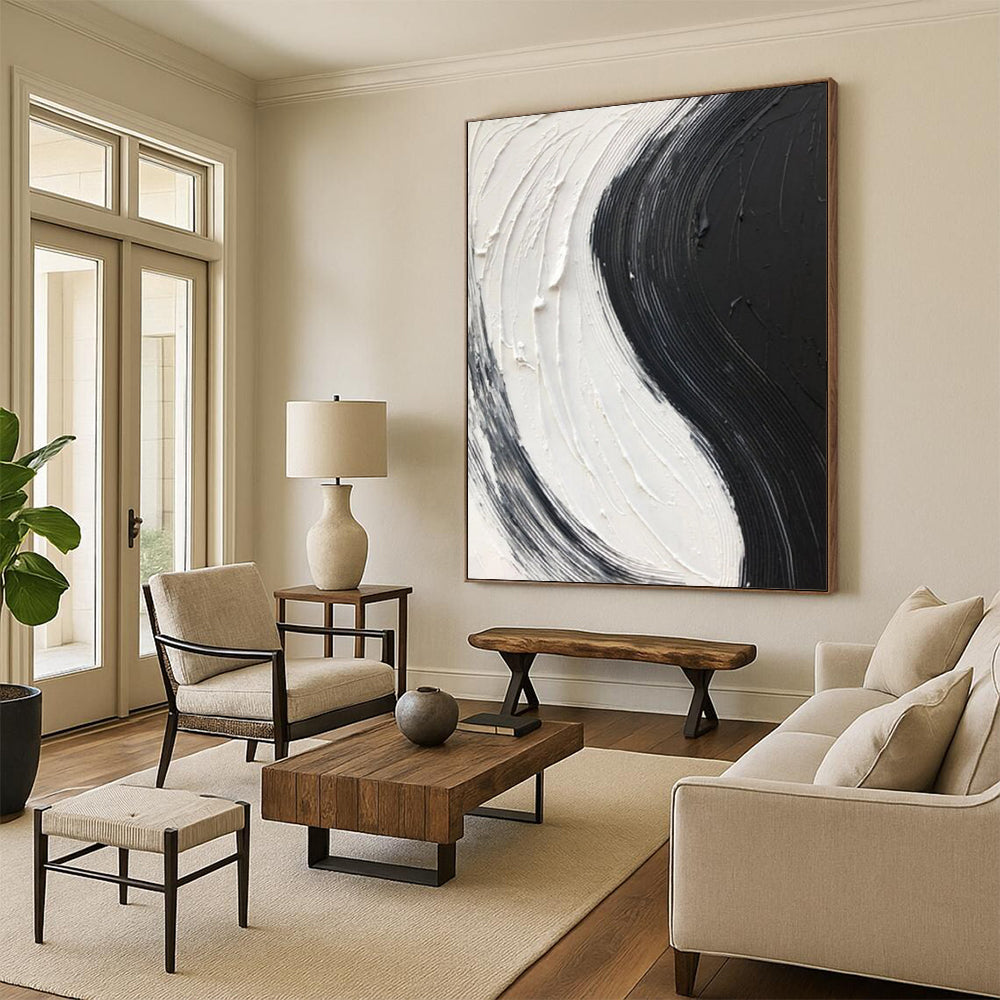 “Black, White Swirl ‘Yin - Yang Flow’” - Impasto Abstract Painting On Canvas DTP376