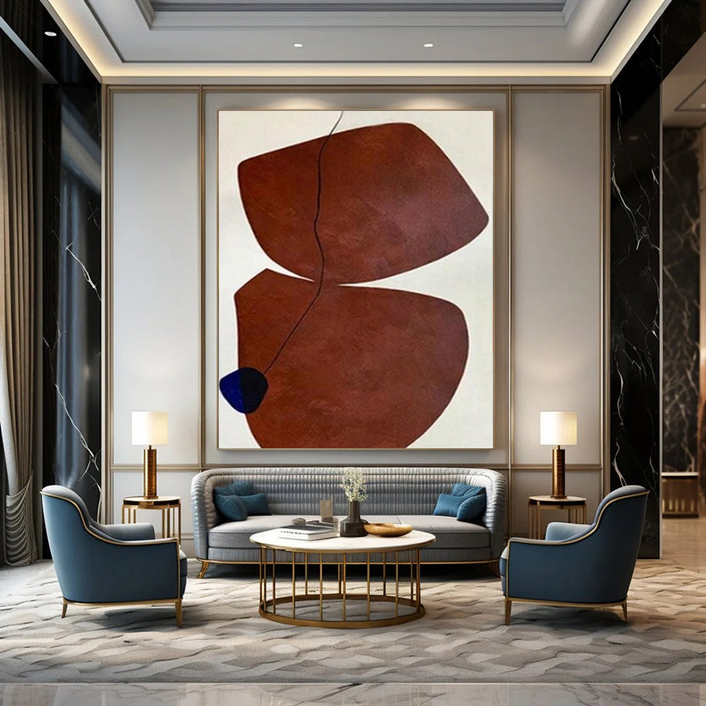 “Brown Shapes with Black Line and Blue Accent” – Minimalist Abstract Painting CT1115