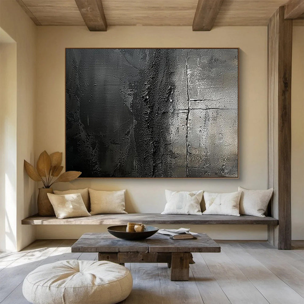 Dark Gray Textured Abstract “Moody Textured Depths” Painting On Canvas DKH150