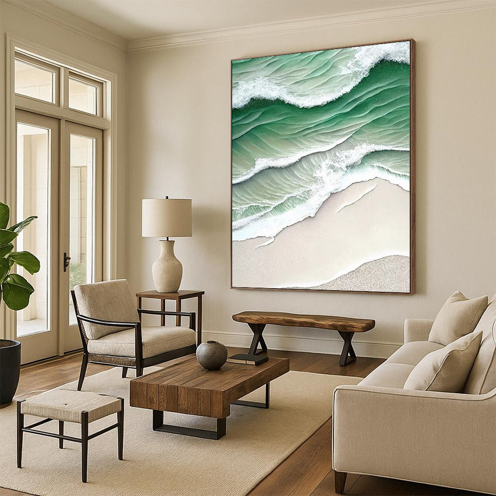 “Green - White Wave Aerial” - Green, White, Beige Coastal Aerial Painting On Canvas DTP290