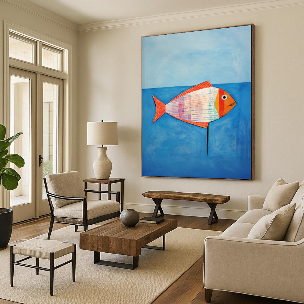 Colorful Striped Fish, Blue Sea - "Patchwork Fish" - Naive Art - style Painting CT1836