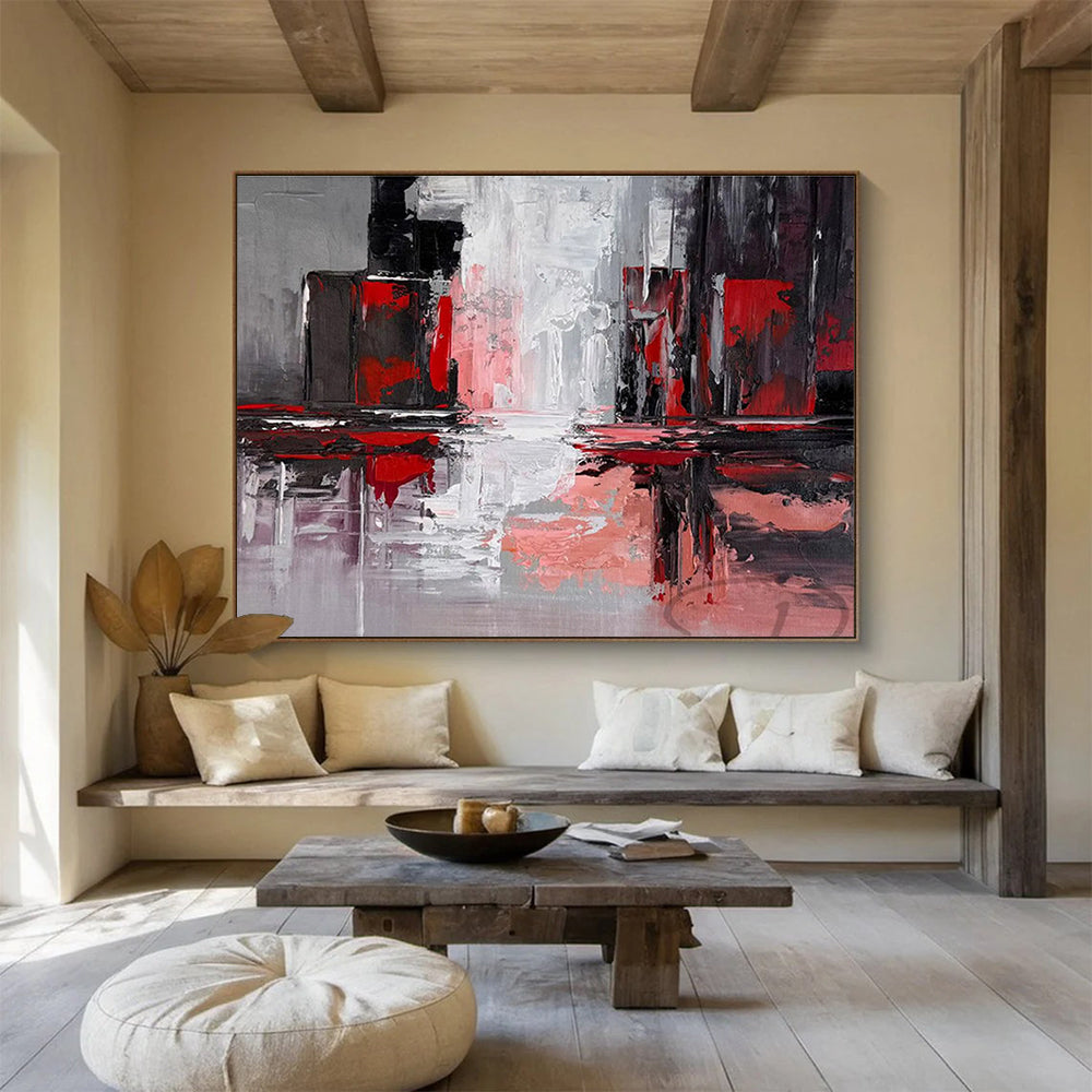 Red and Gray Urban Reflections Cityscape Inspired Abstract Painting On Canvas DKH263